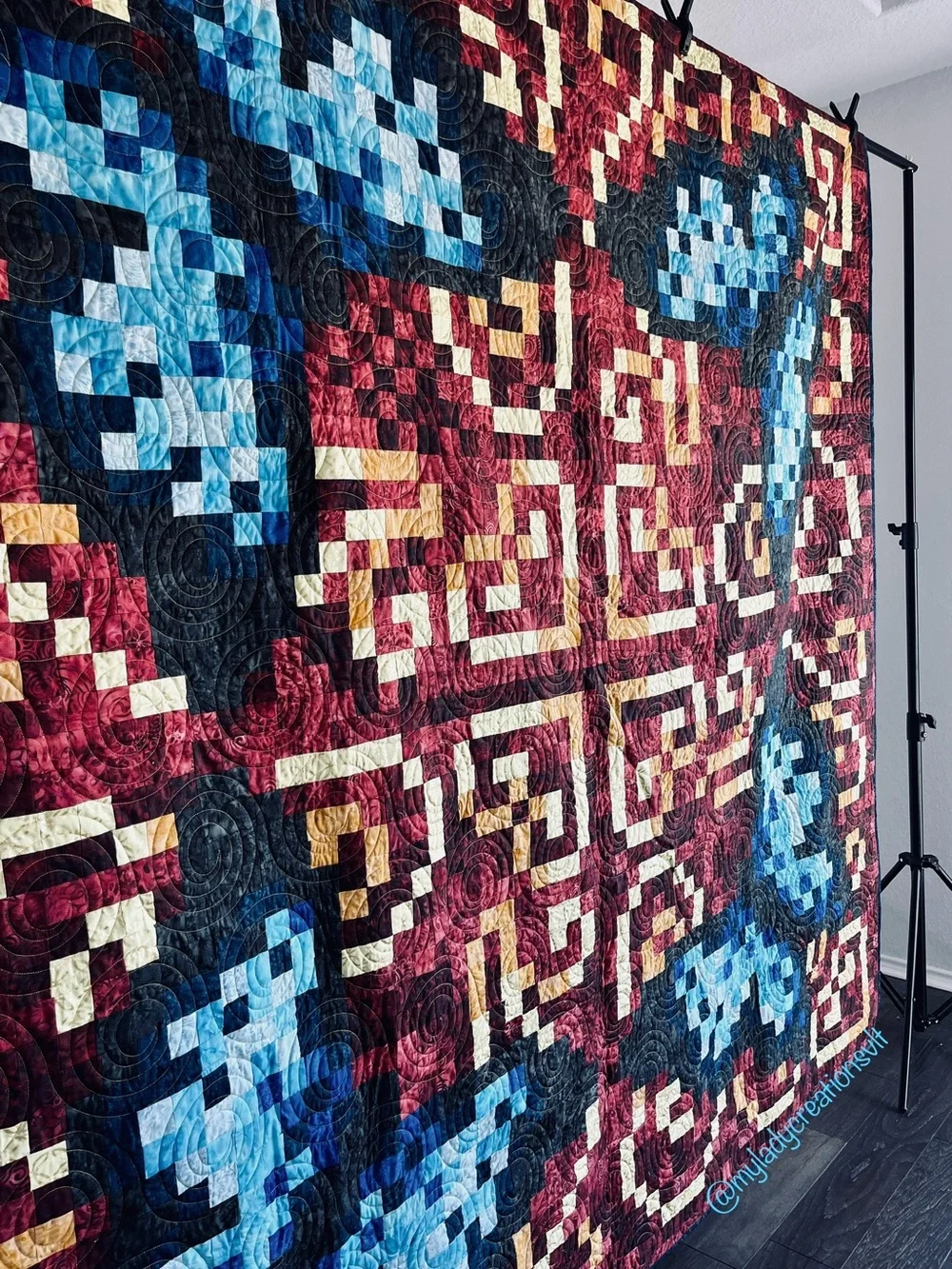 Handmade Pixel Butterfly Quilt King Size  – Blue & Burgundy